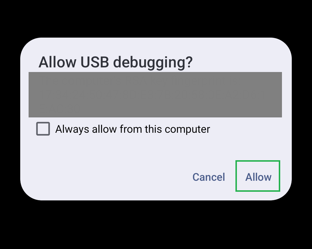Allow USB debugging prompt on the phone