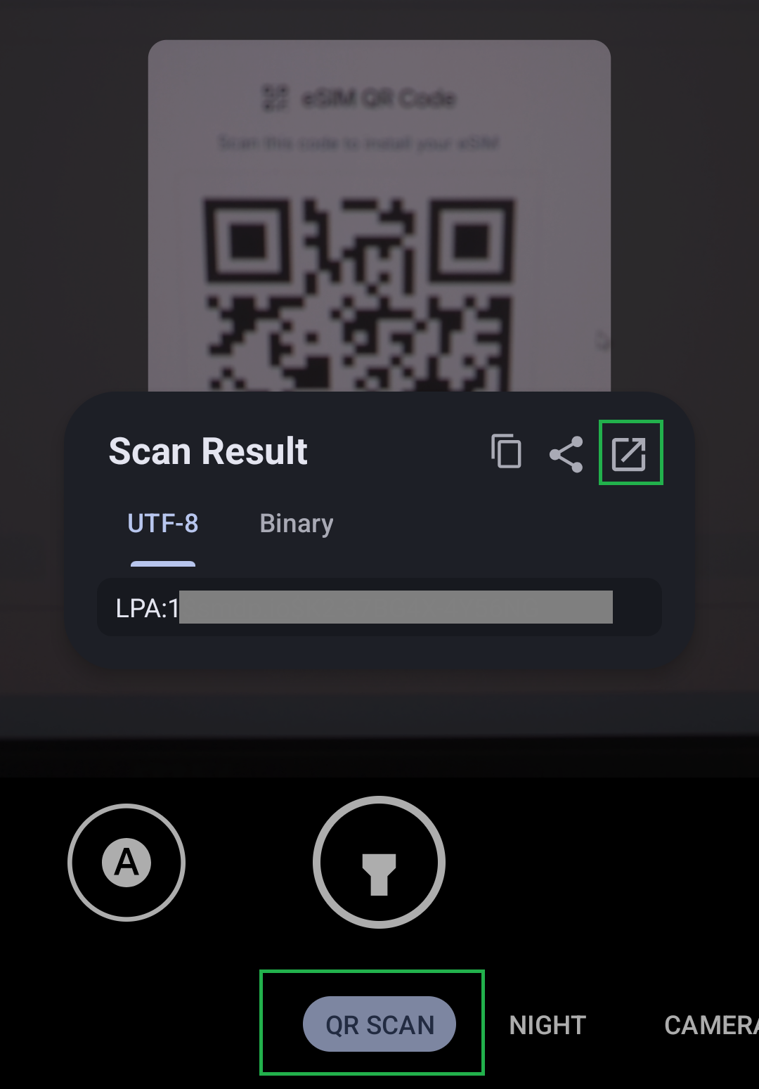 Scanning the eSIM QR code in QR Scan mode