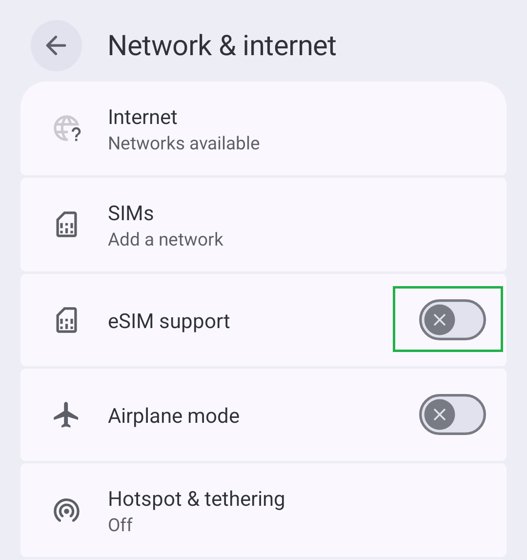 eSIM support switch in Network & internet