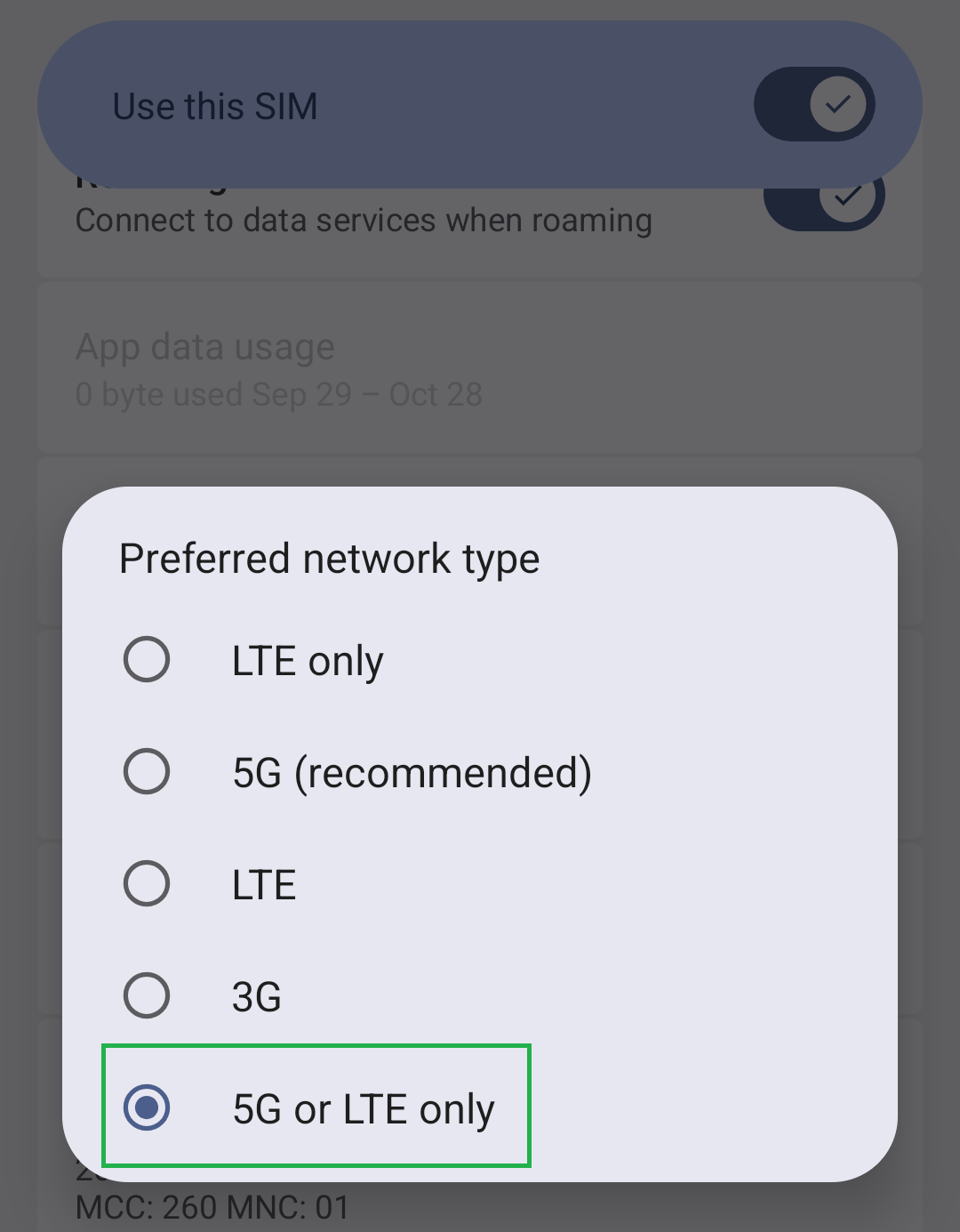 Preferred network type set to 5G or LTE only