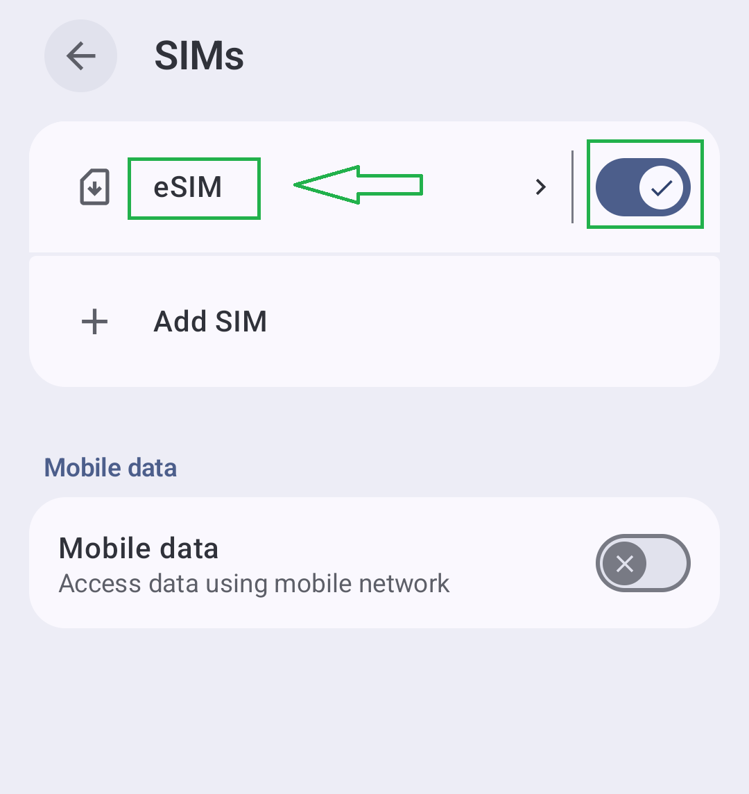 SIMs screen: tap your SIM's name