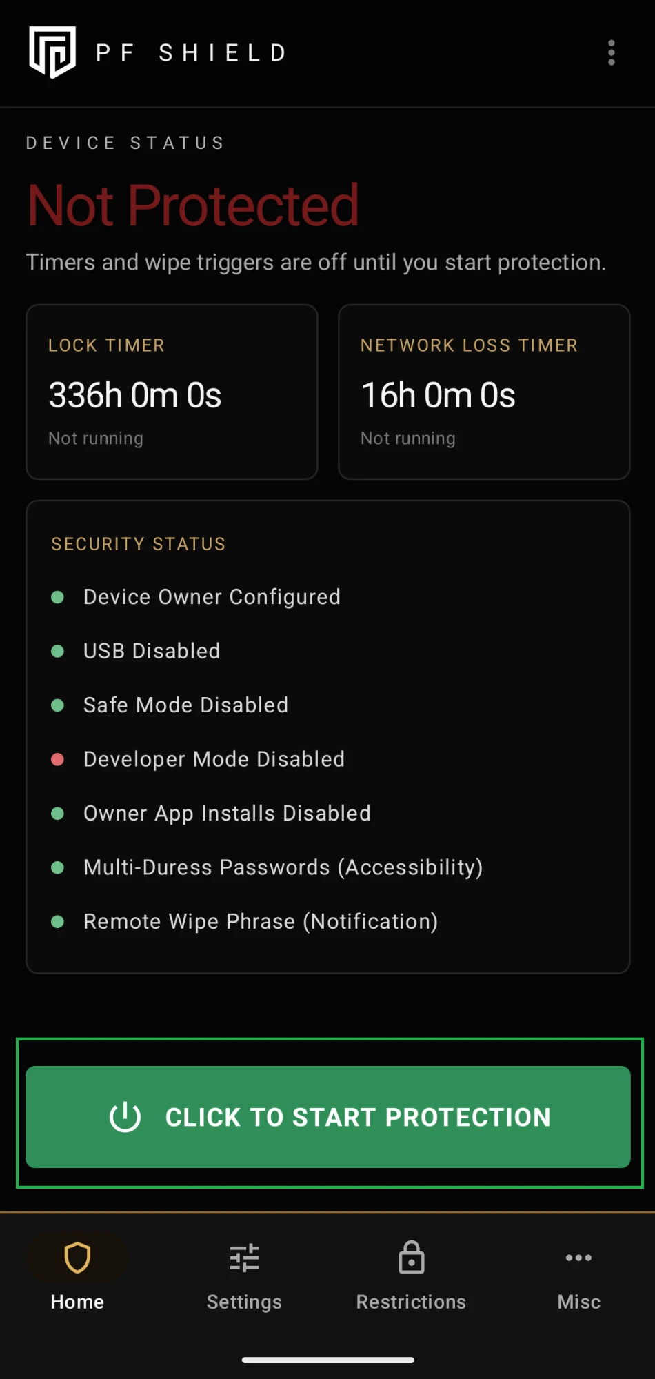 PF Shield home: Click to Start Protection