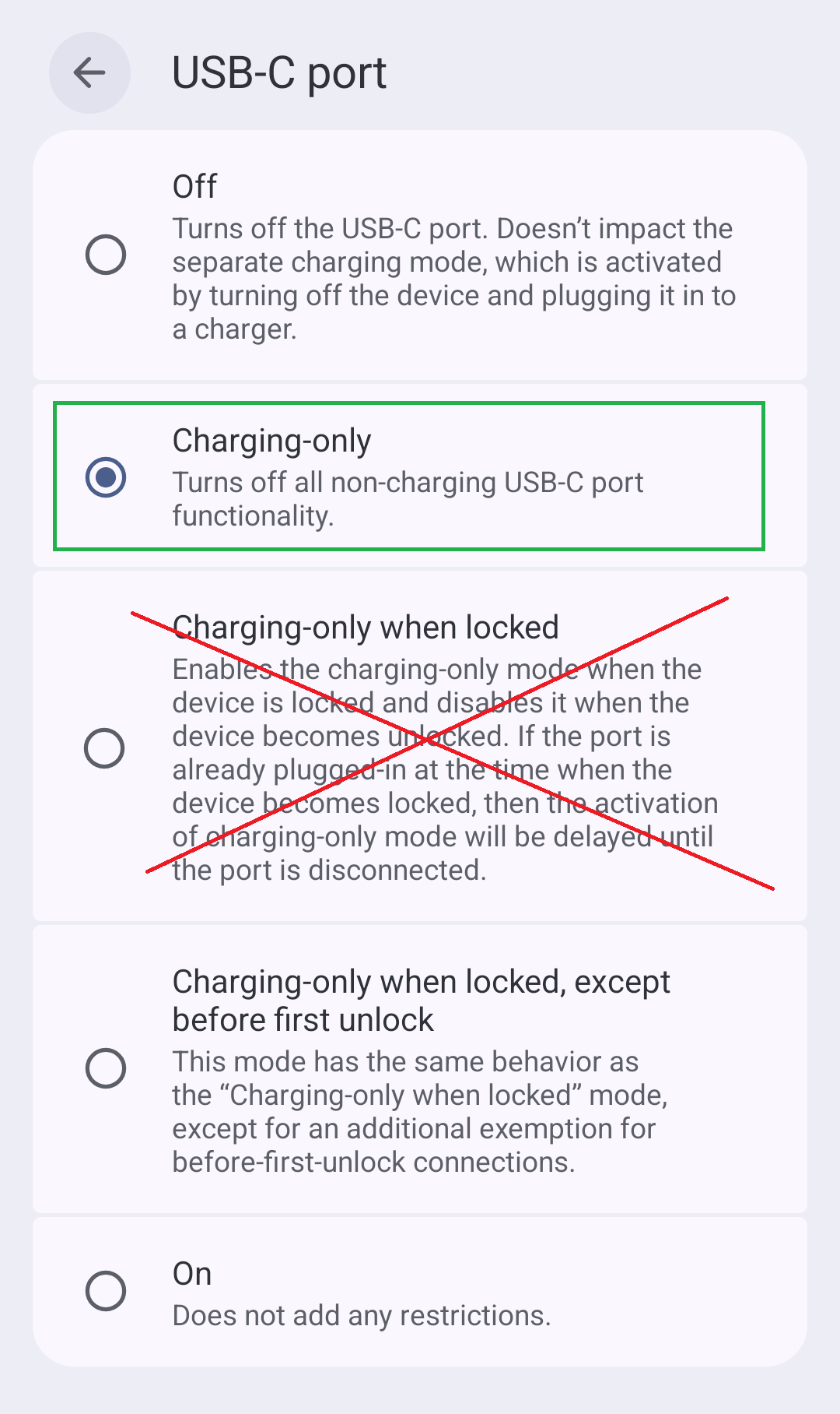USB-C port set to Charging-only
