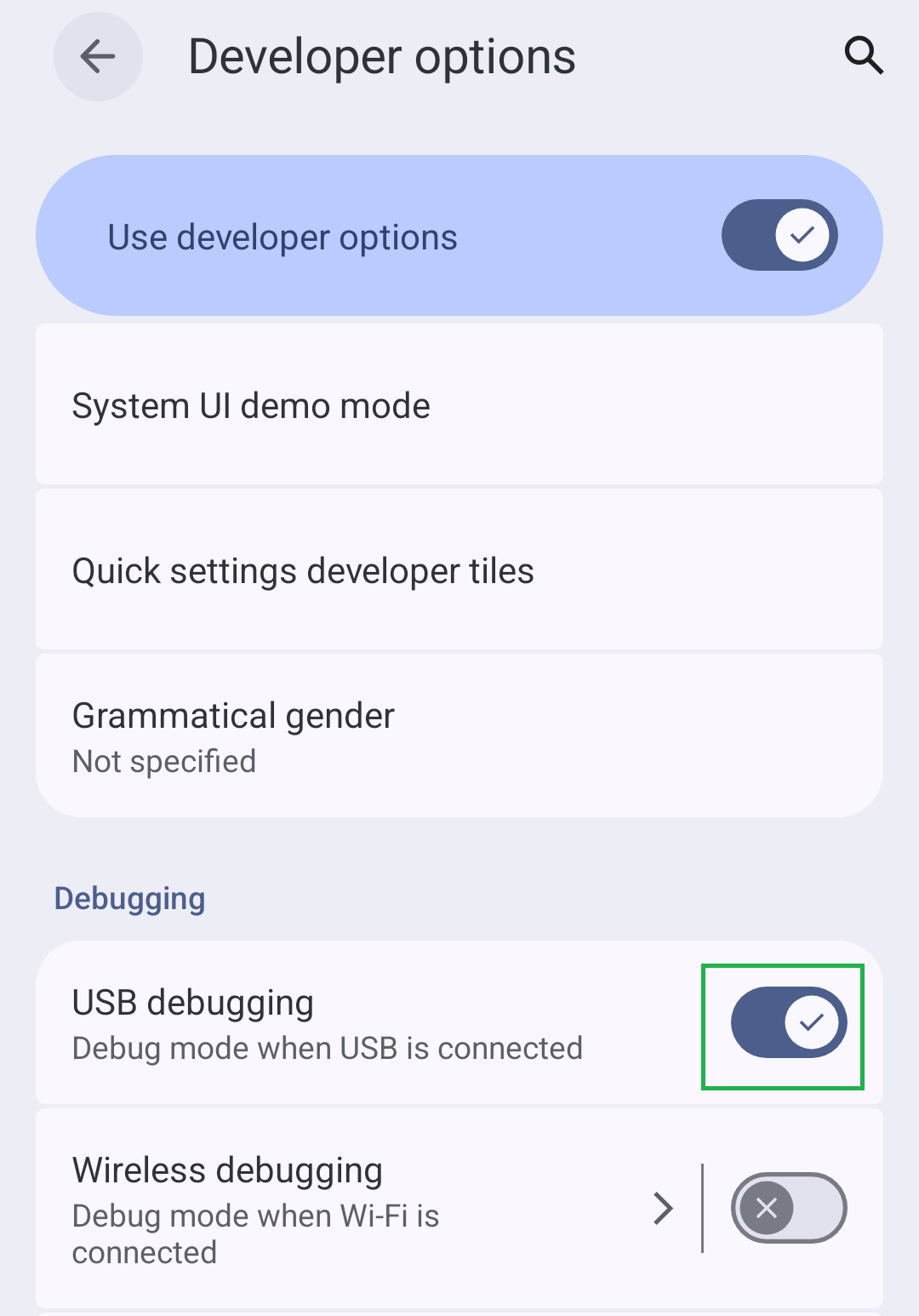 USB debugging turned on in Developer options